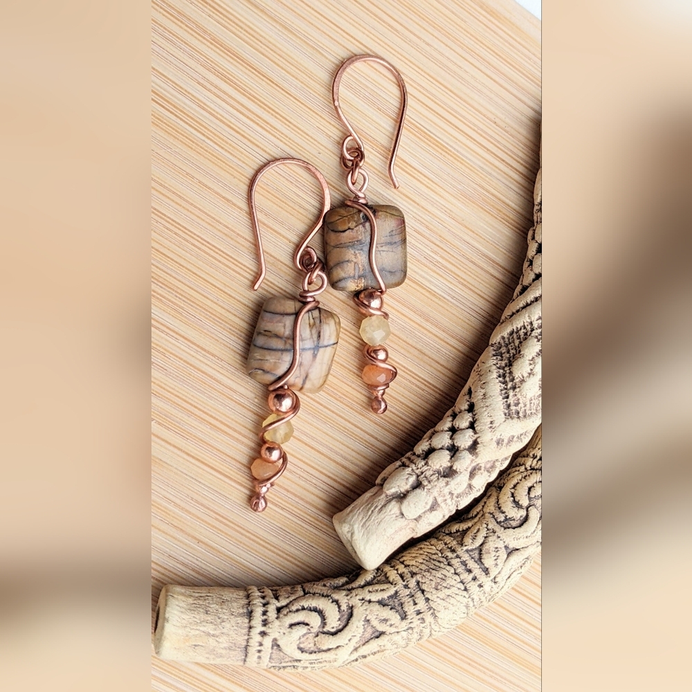 Desert Vibes Jasper Earrings Artisan Copper Wire Wrapped Design - Picture 4 of 12